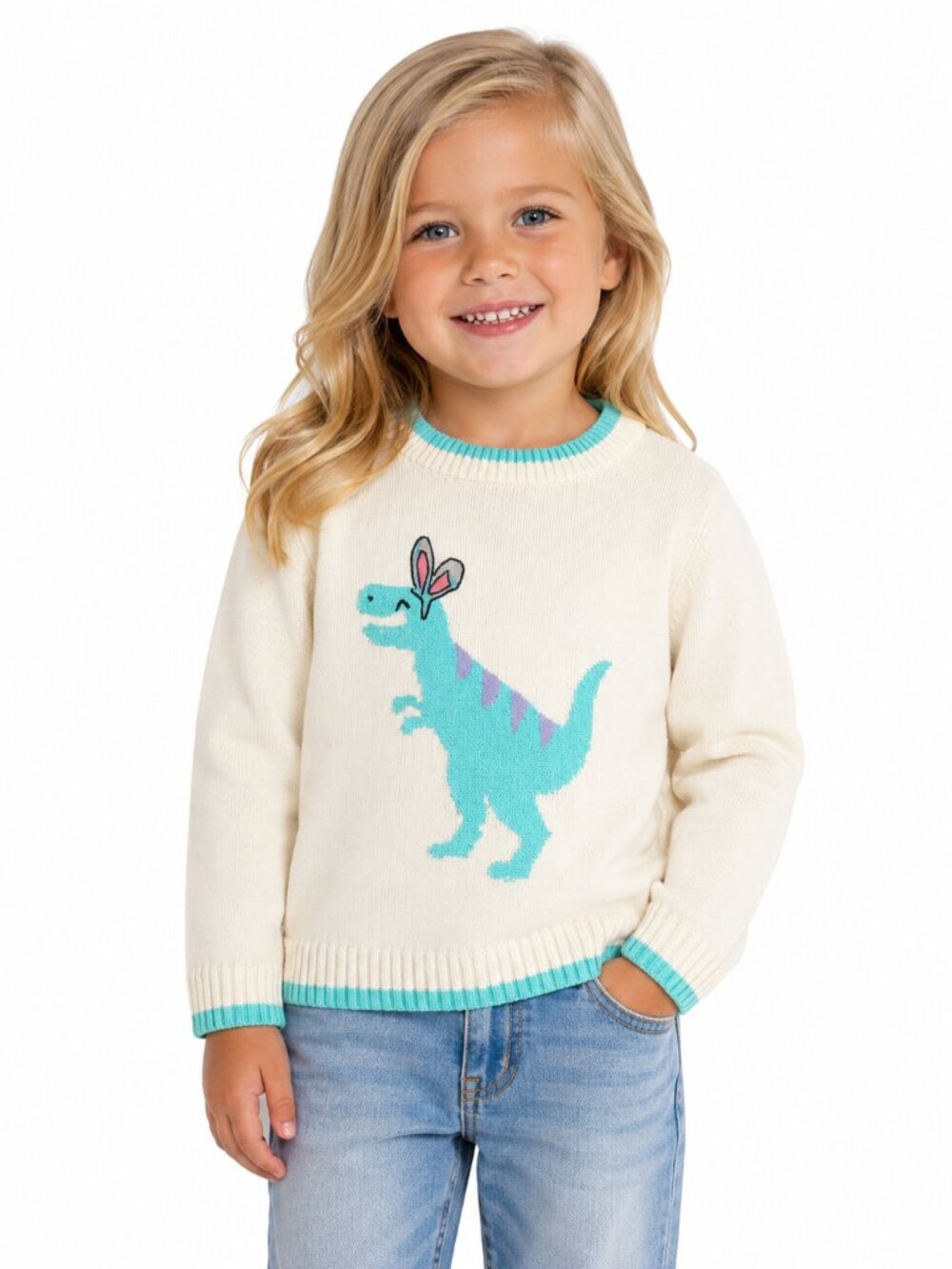 Way To Celebrate Easter Dinosaur Knit Sweater Ivory Aqua Toddler 3T NWT Cute